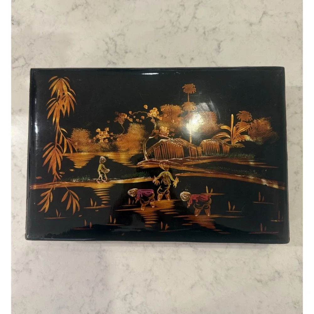 Chinoiserie Black Lacquer Vanity Trinket Box, Vtg Asian Jewelry Box Fair Shape